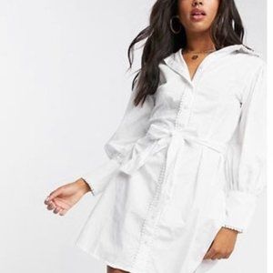 NWOT Girl In Mind contrast pearl detail shirt dress with belt in white US 8